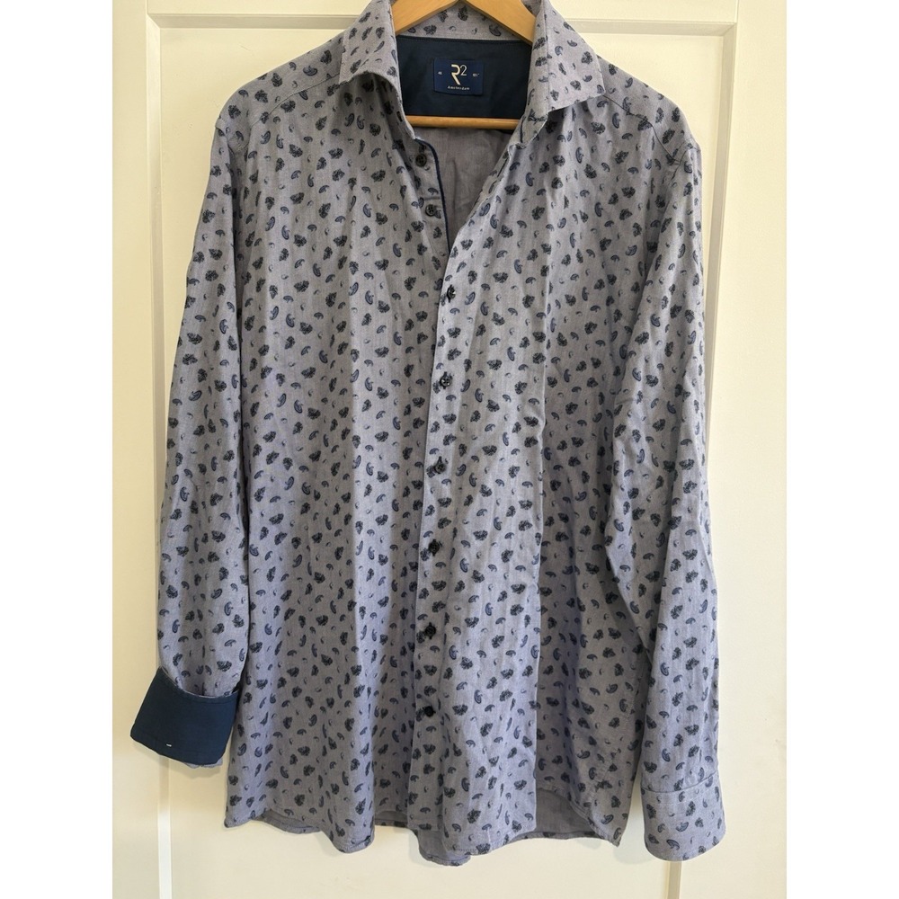 R2 Amsterdam 100% Cotton Paisley Dress Shirt Blue Sz 46 18 L/S Contrast Cuff